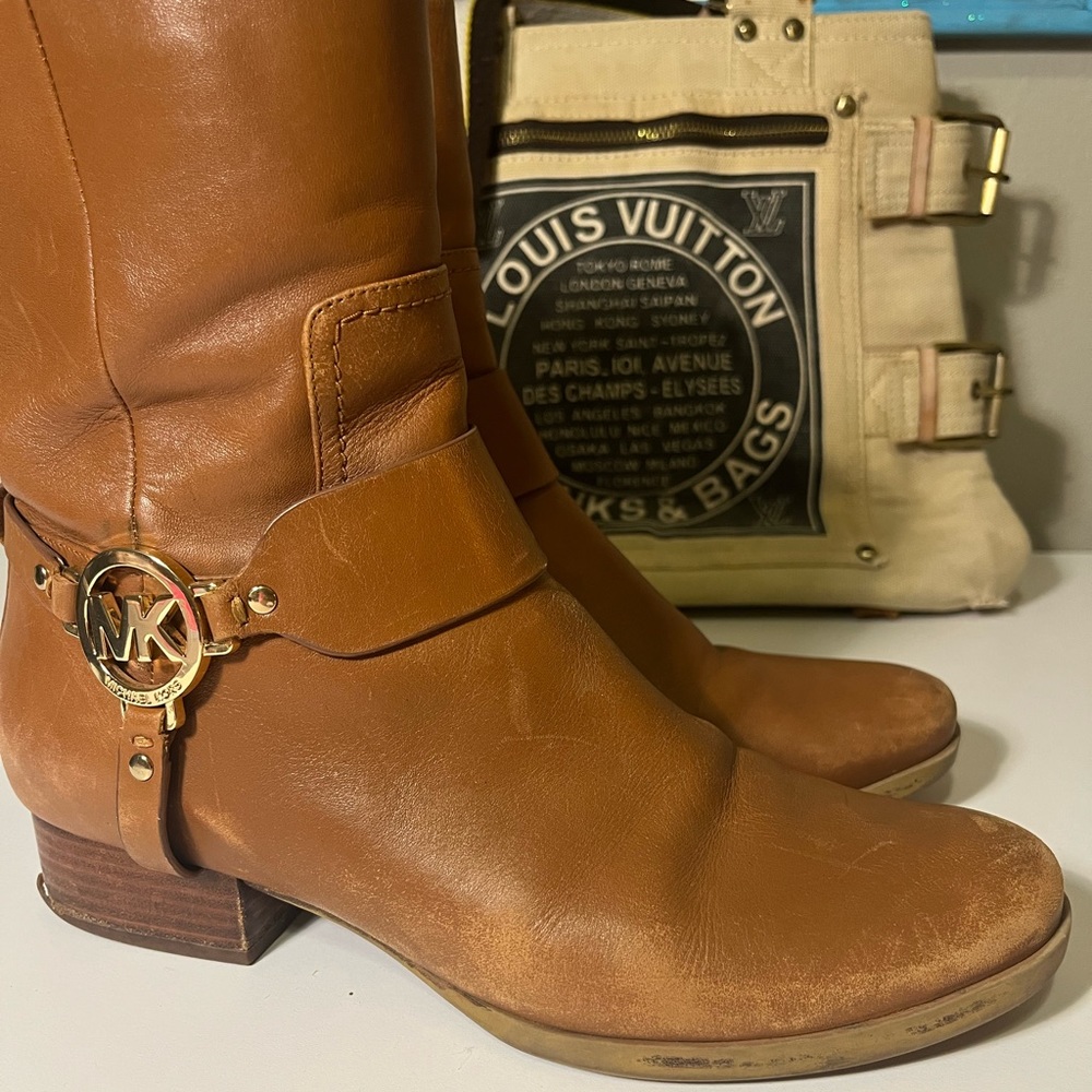 Michael Kors harness boot camel with gold embellishments